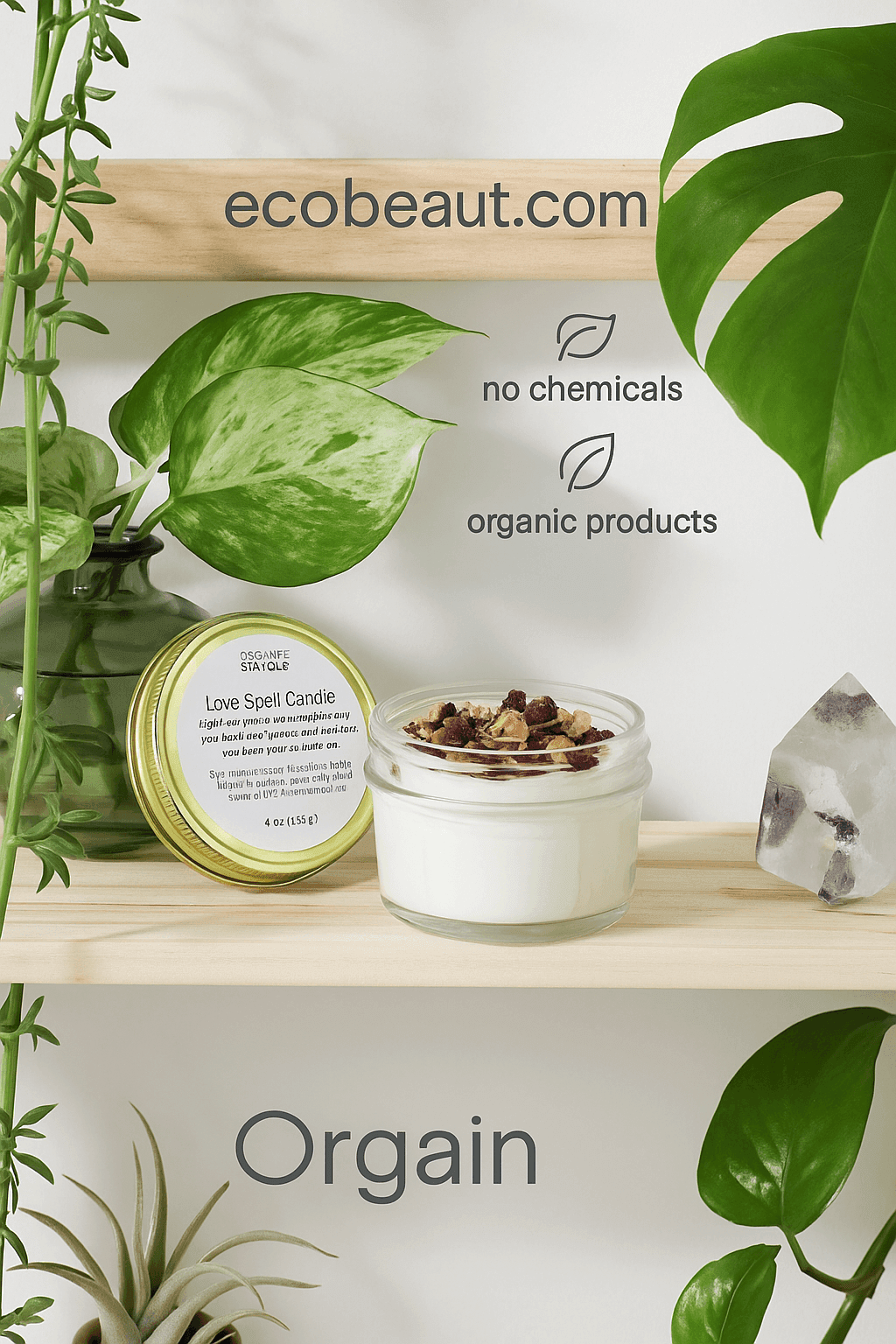 Love Spell Intention Candle from ecobeaut.com – hand-poured organic soy wax candle with rose petals and rose quartz, beautifully styled with greenery and crystals. no chemicals, organic products.