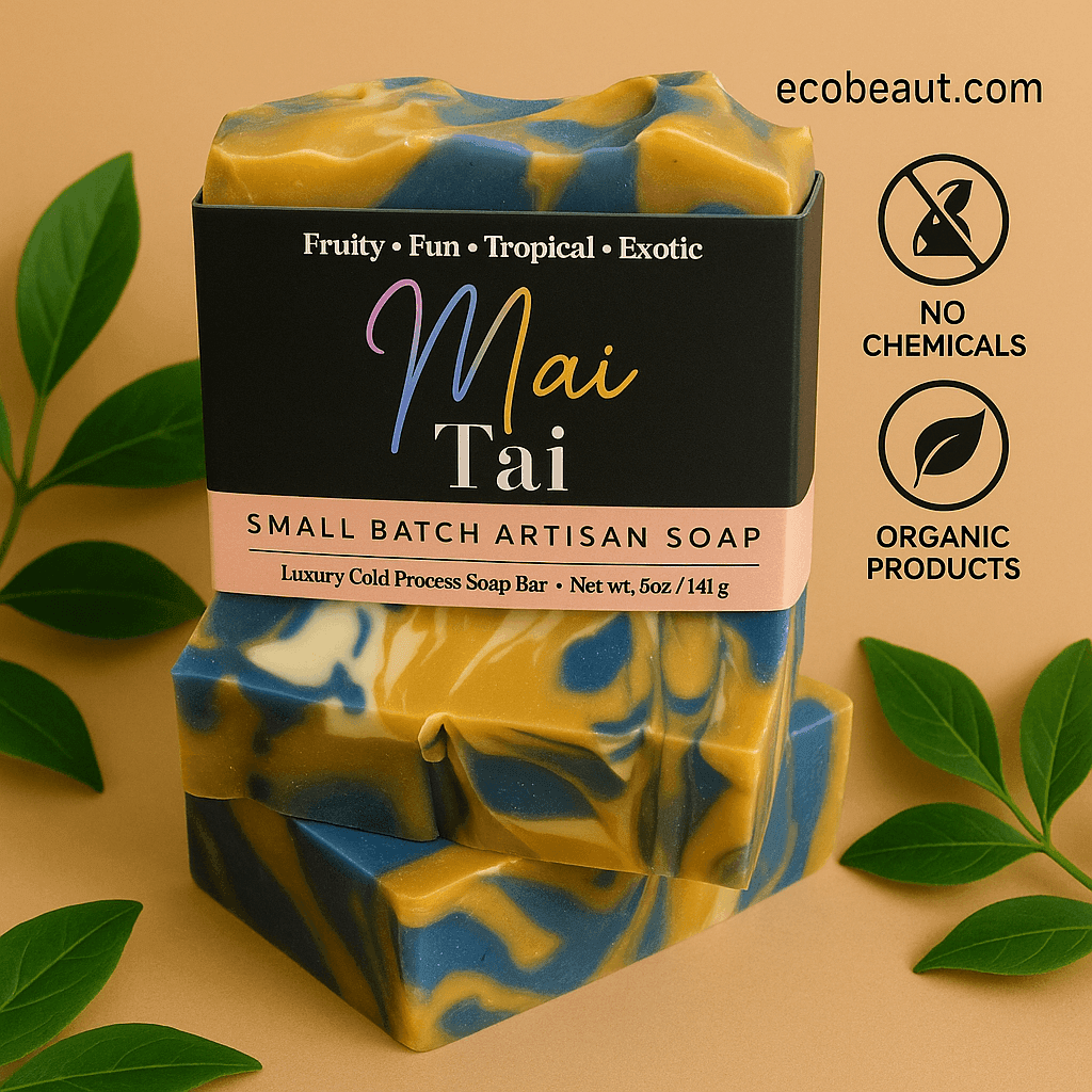 Mai Tai artisan soap bar by ecobeaut.com with tropical marbled colors, green leaves, and “NO CHEMICALS” and “ORGANIC PRODUCTS” icons in the top right corner.