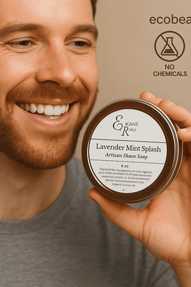 Man applying Lavender Mint Splash Artisan Shave Soap, natural skincare routine with ecobeaut.com branding, no chemicals, organic products