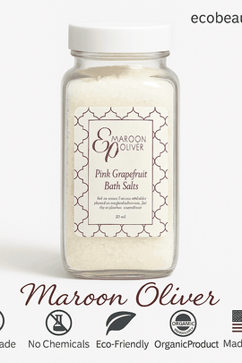 Maroon Oliver Pink Grapefruit Bath Salts in a clear glass jar on a clean white background – organic, handmade, eco-friendly bath product made in the USA