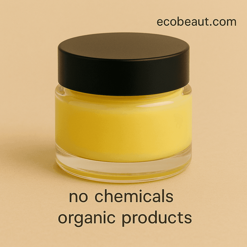 Minimalist close-up of a glass jar with yellow organic cream and black lid on a beige background, with “ecobeaut.com” in the top right and “no chemicals” and “organic products” written below.