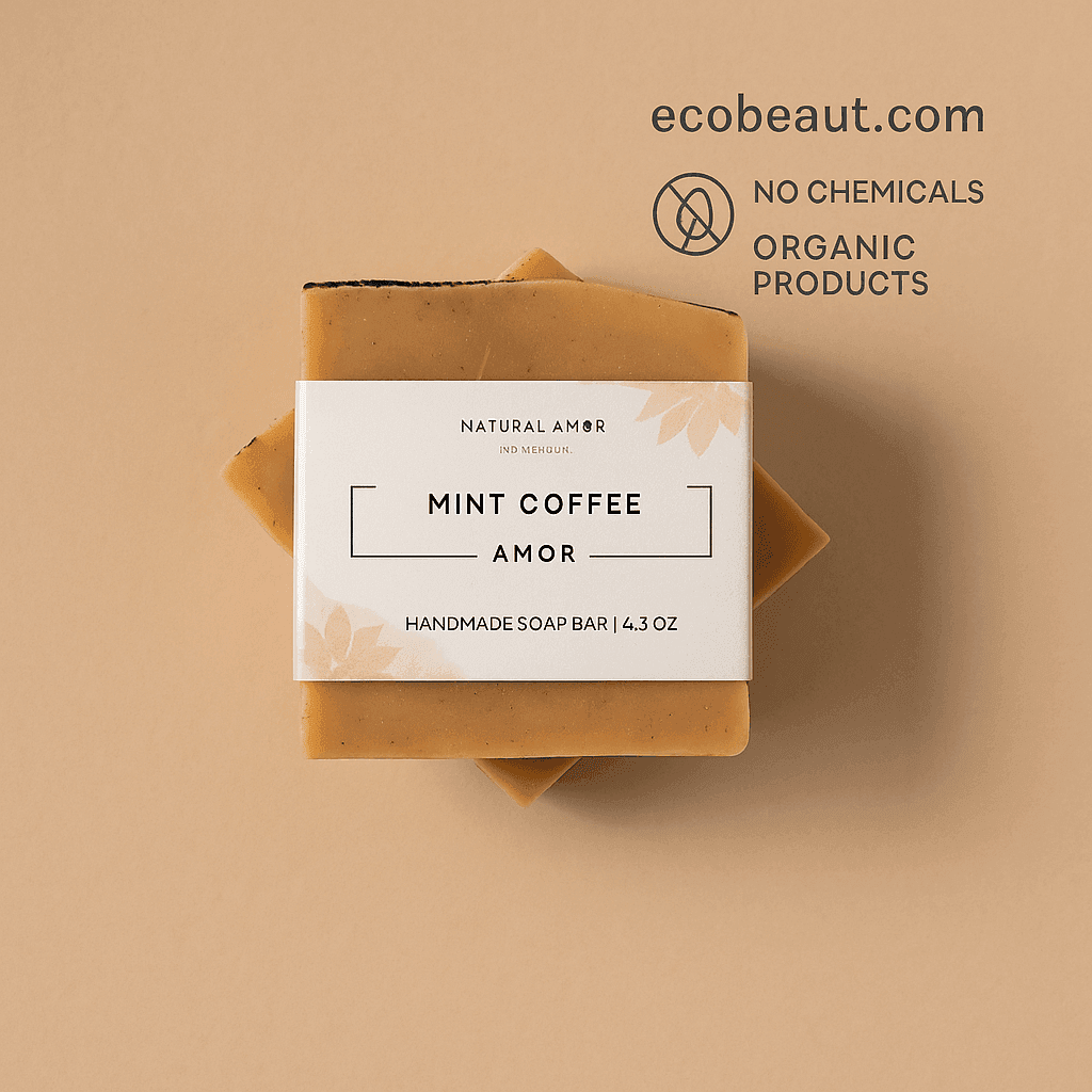 Mint Coffee Amor handmade soap by ecobeaut.com on a warm beige background with “NO CHEMICALS” and “ORGANIC PRODUCTS” icons in the top right corner.