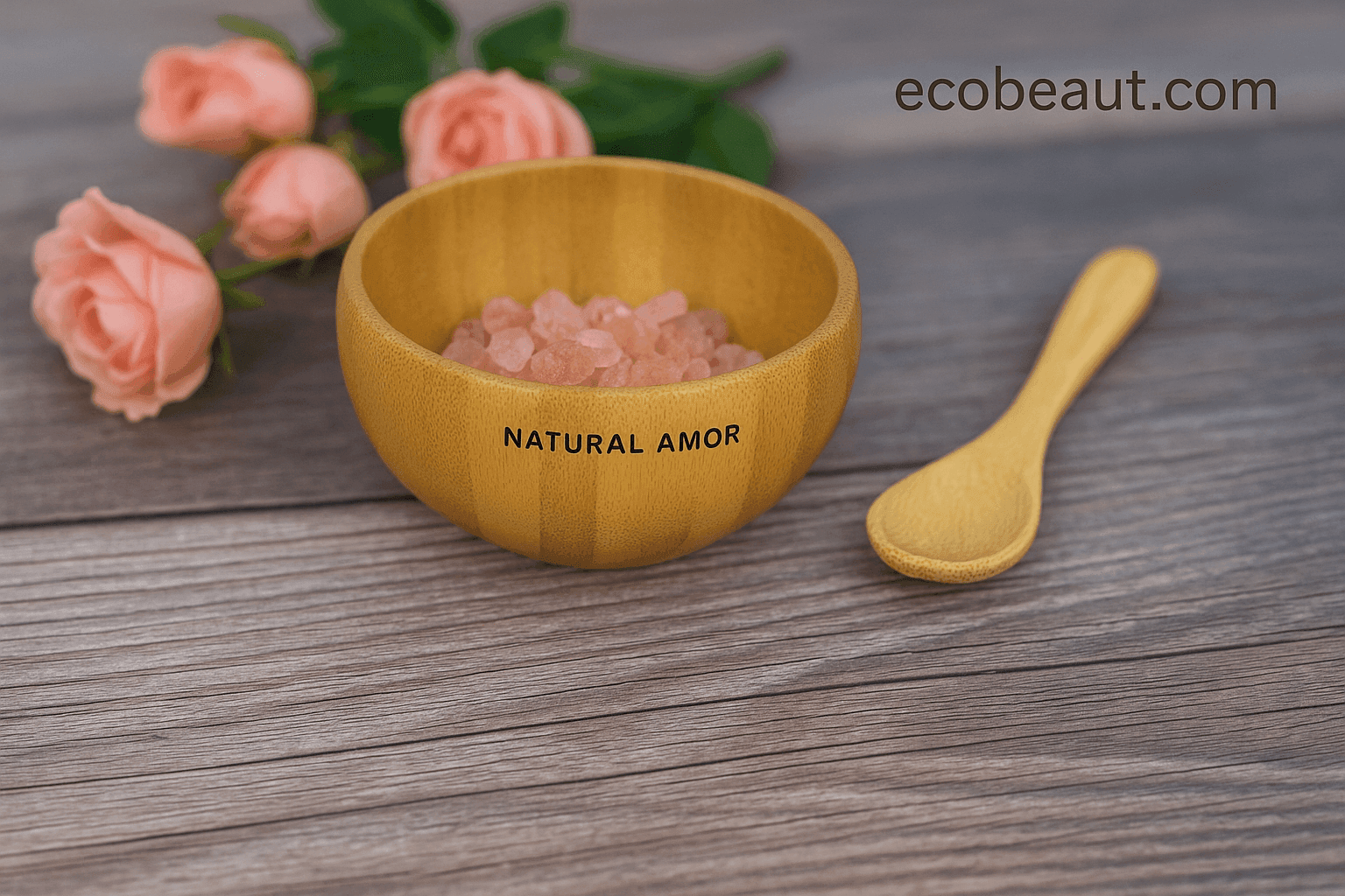 NATURAL AMOR bamboo bowl with pink Himalayan salt, wooden spoon, and roses on a rustic wooden background — natural skincare by ecobeaut.com