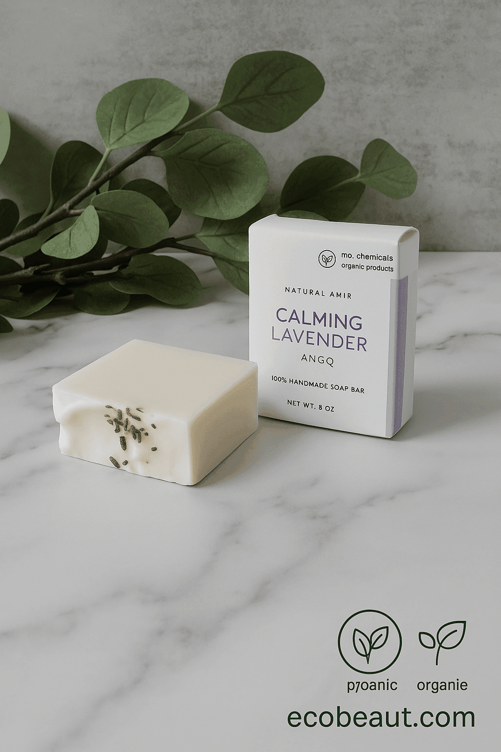 Natural Amir Calming Lavender handmade soap bars displayed on marble surface with eucalyptus leaves, labeled ecobeaut.com, no chemicals, organic products – soothing lavender soap USA