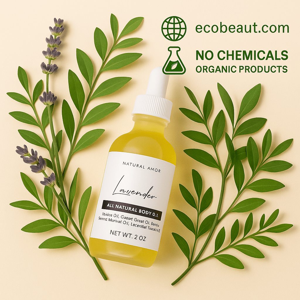 Natural Amor Lavender All Natural Body Oil in a 2 oz dropper bottle, surrounded by fresh lavender and green leaves. Organic and chemical-free skincare from ecobeaut.com.