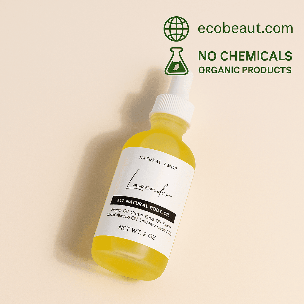 Natural Amor Lavender All Natural Body Oil in a 2 oz glass dropper bottle on a beige background. Organic, chemical-free body oil from ecobeaut.com