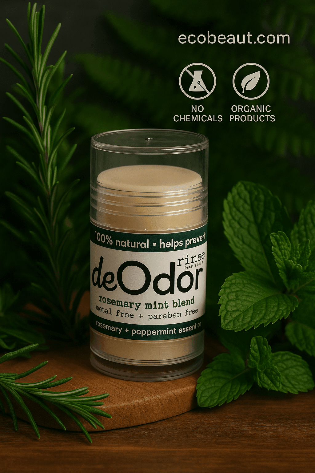 Natural deodorant stick on wooden surface with mint and rosemary, “ecobeaut.com” and eco-friendly icons in the top right.