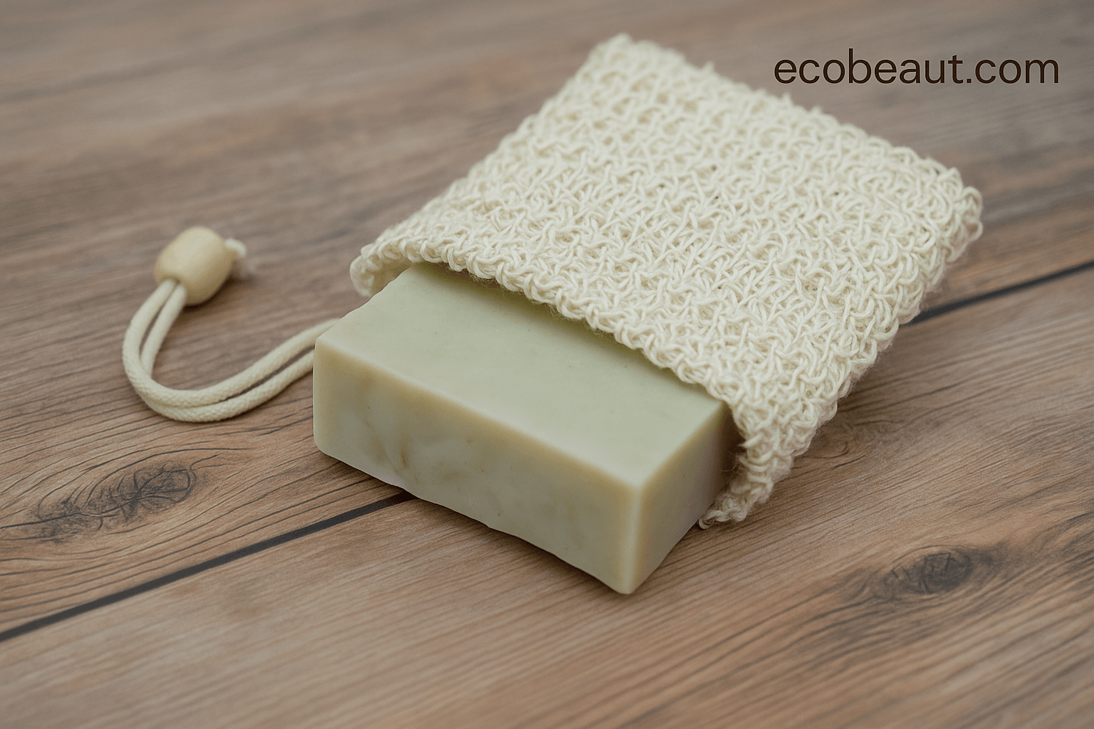 Natural handmade soap in exfoliating sisal pouch on rustic wood background – ecobeaut.com