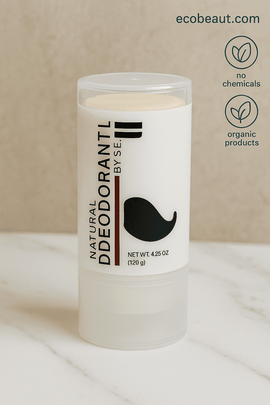Natural organic deodorant by S.E. with minimalist design and mustache logo on marble background – ecobeaut.com, no chemicals, organic products