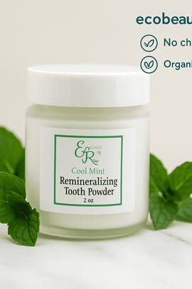 Natural remineralizing tooth powder in a glass jar – chemical-free organic oral care from ecobeaut.com