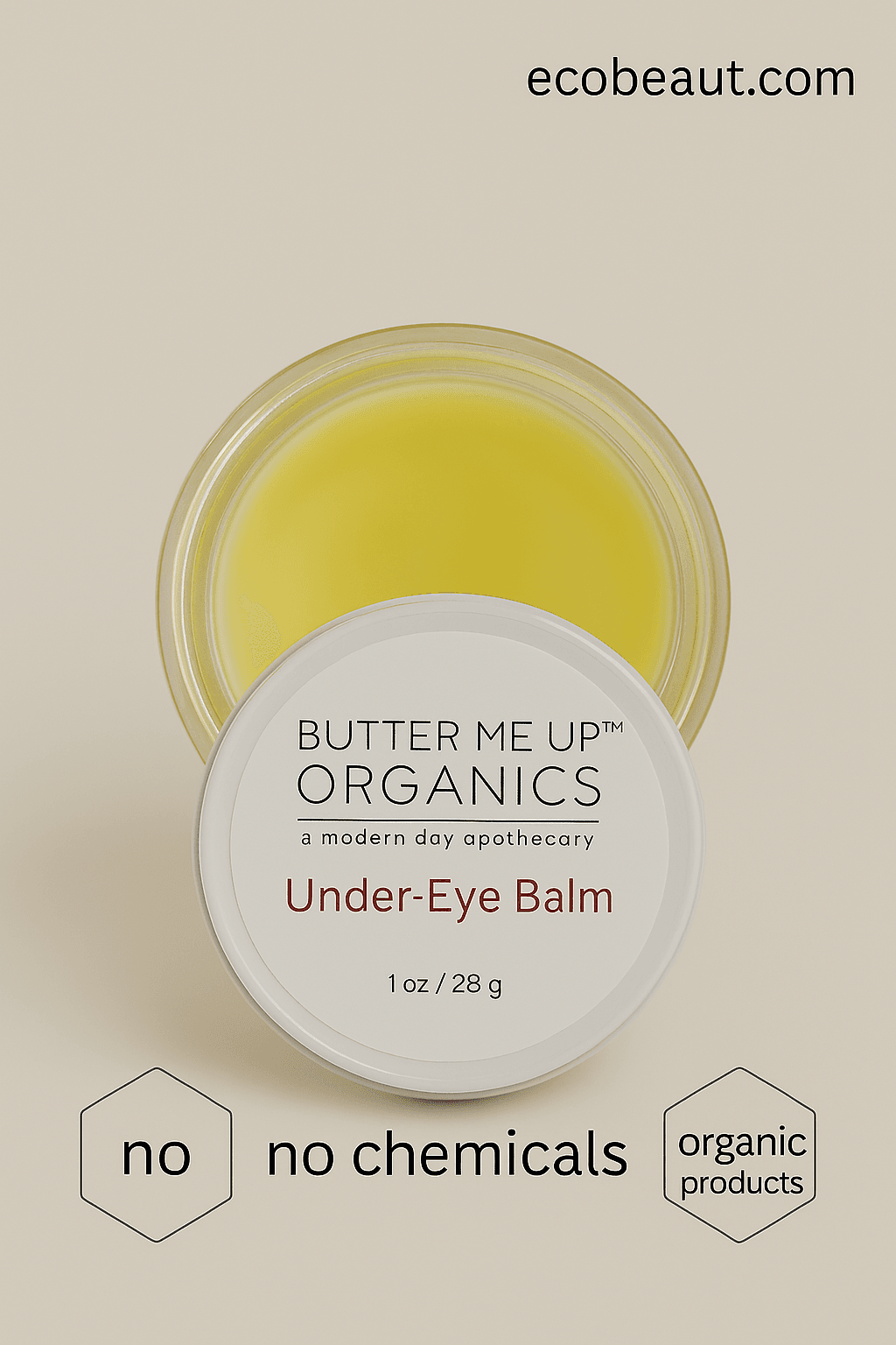 Open jar of Butter Me Up Organics Under-Eye Balm with lid placed in front, shown on a neutral beige background – ecobeaut.com, no chemicals, organic products