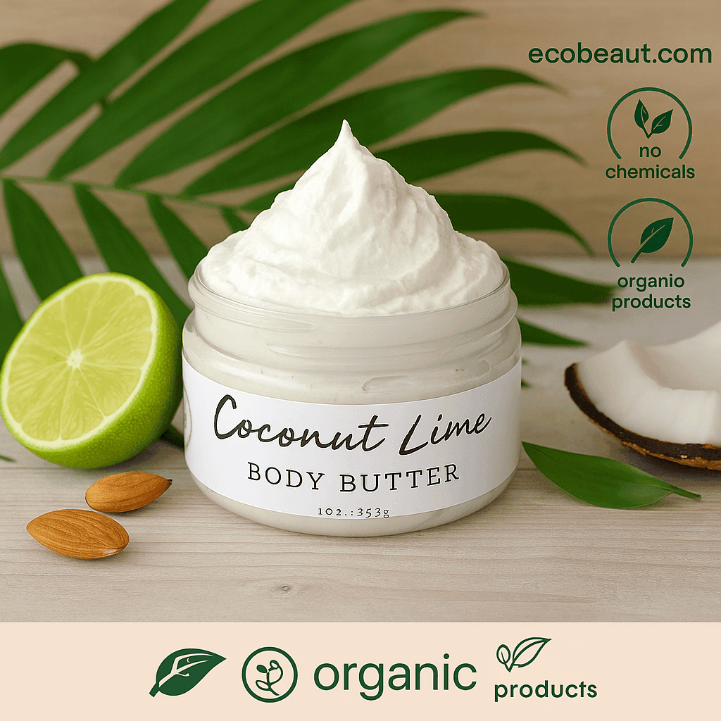 Open jar of Coconut Lime Body Butter with soft whipped texture, placed on a beige background, with fresh lime and coconut elements partially visible; ecobeaut.com and icons for no chemicals and organic products are displayed in the top right corner