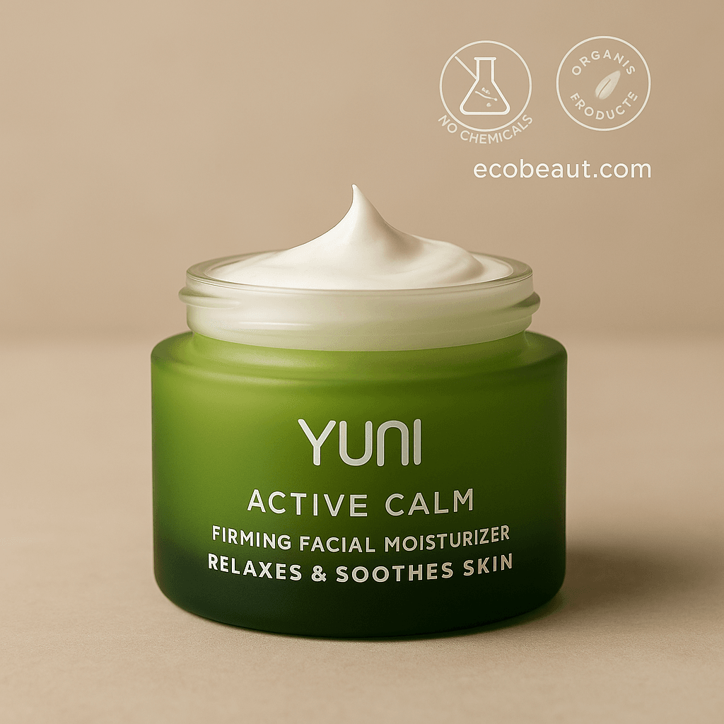 Open jar of YUNI Active Calm Firming Facial Moisturizer with visible cream, set against a soft beige background, marked with no chemicals, organic products, and ecobeaut.com in the top right corner
