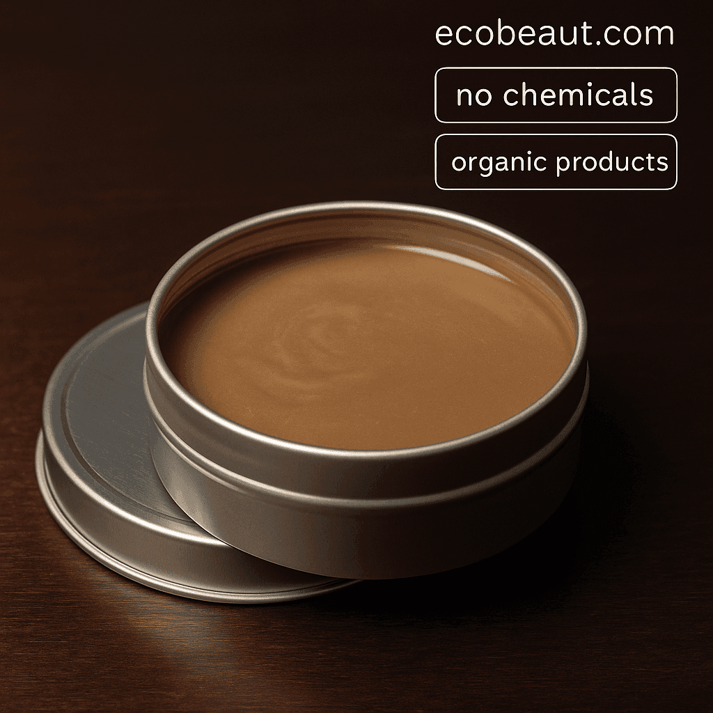 Open metal tin of brown balm on dark wooden surface with eco labels and ecobeaut.com in the upper right corner.