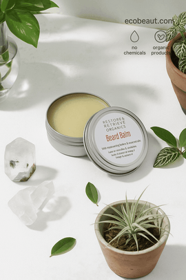 Open tin of organic beard balm by Restore & Retrieve Organics on a bright surface with houseplants and crystals – natural beard care from ecobeaut.com.