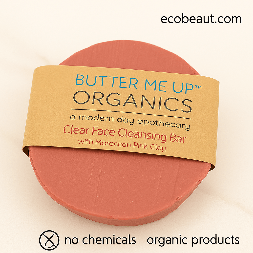 Organic Clear Face Cleansing Bar with Moroccan Pink Clay by Butter Me Up Organics – close-up on neutral background, labeled with ecobeaut.com, featuring no chemicals and organic products icons