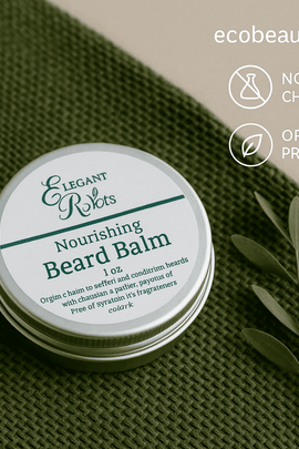 Organic Nourishing Beard Balm in a silver tin on green fabric – natural grooming product for men from ecobeaut.com