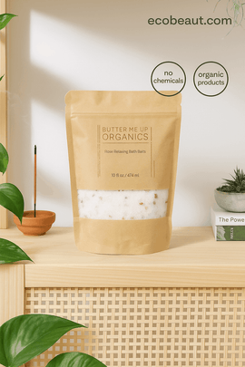 Organic Rose Salt Soak in eco-friendly kraft pouch with pink Himalayan salt – close-up on white background | ecobeaut.com