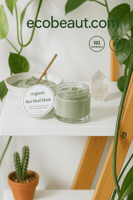 Organic Sea Mud Mask jar on white shelf with lush green plants, labeled ecobeaut.com, no chemicals, organic products – eco-friendly skincare product in a serene natural setting