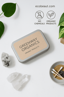 Organic balm tin with crystals and eco-friendly elements on a white background.