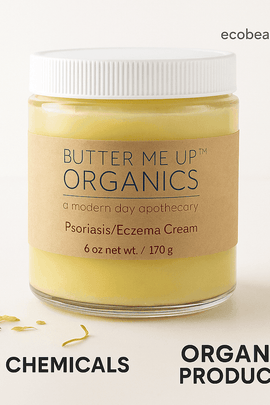 Organic eczema cream jar with brown label, eco tags, and ecobeaut.com branding.