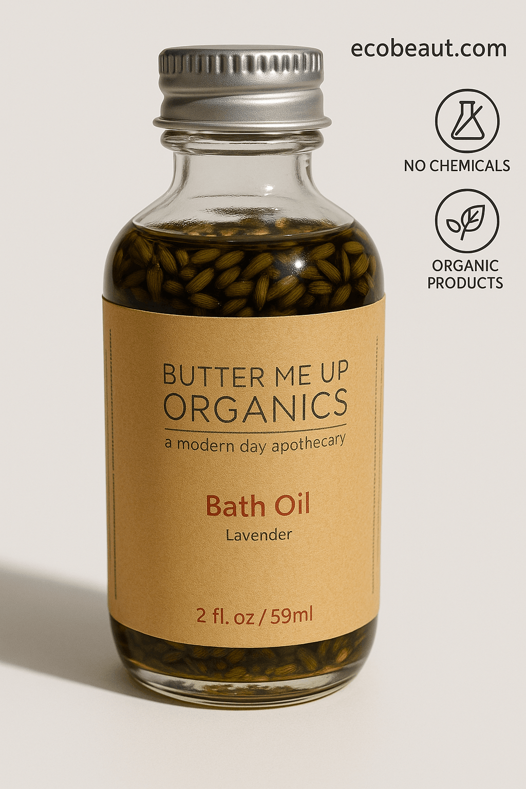 Organic lavender bath oil bottle with real flower infusion – chemical-free skincare product by Butter Me Up Organics, available at ecobeaut.com