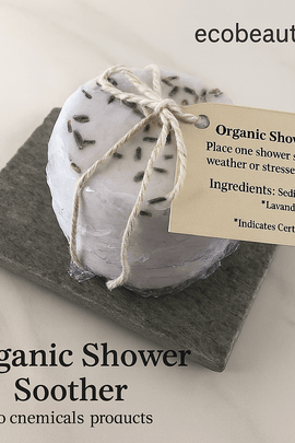 Organic lavender shower steamer wrapped in plastic with dried flowers, tied with twine and tag, displayed on a dark stone tray – available at ecobeaut.com