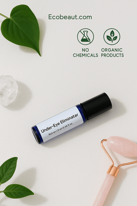 Organic under-eye serum with jade roller, natural crystals, and green plants – no chemicals, organic skincare from ecobeaut.com