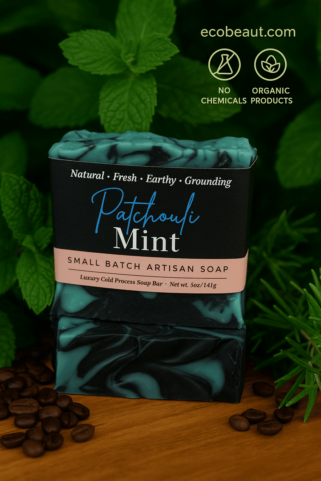 Patchouli Mint artisan soap bar with swirls of teal and black, placed on a wooden surface among mint leaves and coffee beans, with “ecobeaut.com,” “NO CHEMICALS,” and “ORGANIC PRODUCTS” icons in the top right corner.