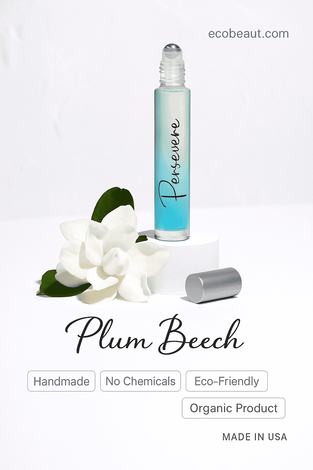 Persevere roll-on perfume by Plum Beech with white magnolia flower on minimalist background – Handmade, Organic, Eco-Friendly, No Chemicals, Made in USA – available at ecobeaut.com