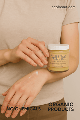 Person applying organic eczema cream to arm, holding labeled jar, with ecobeaut.com and eco-friendly tags visible.