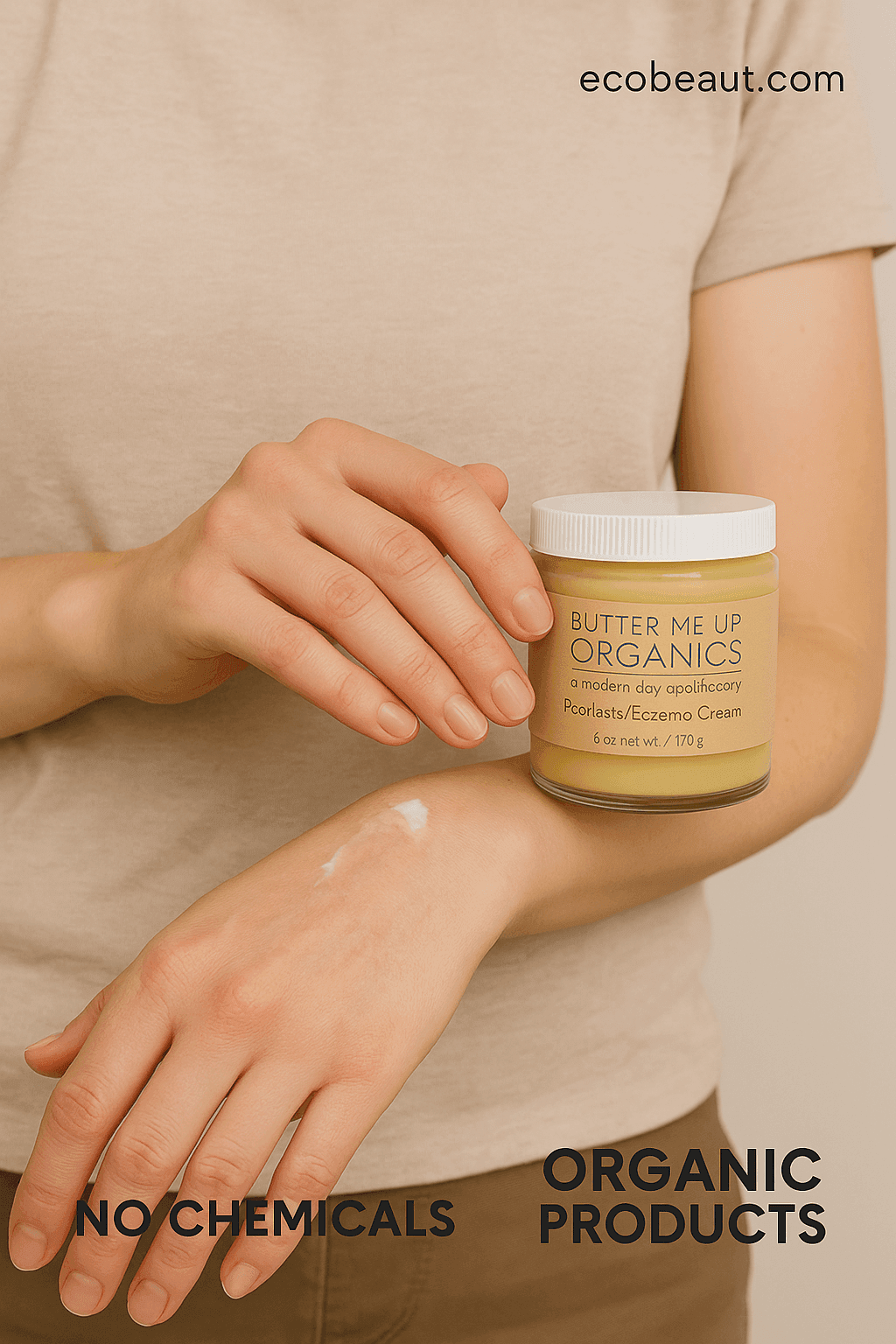 Person applying organic eczema cream to arm, holding labeled jar, with ecobeaut.com and eco-friendly tags visible.