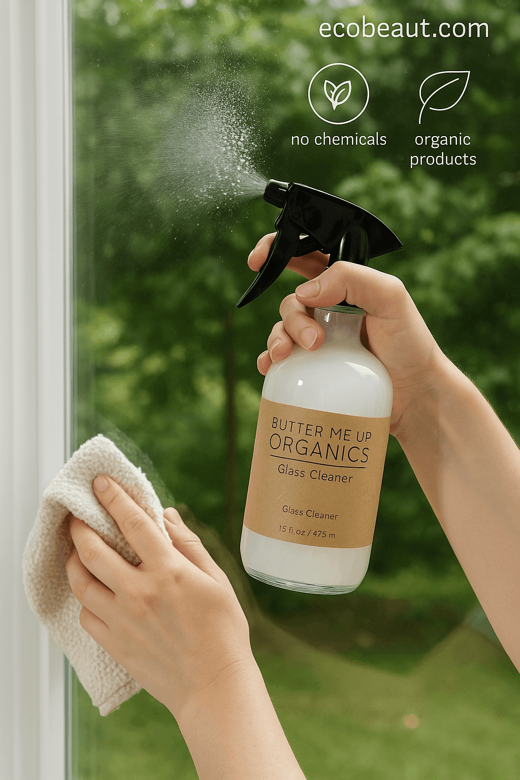 Person cleaning glass with Butter Me Up Organics Glass Cleaner – natural, chemical-free spray with organic lime, safe and eco-conscious choice