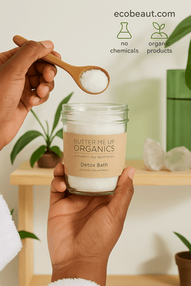 Person scooping Detox Bath salts with wooden spoon – Butter Me Up Organics natural bath soak, no chemicals, handmade wellness ritual