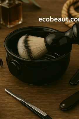 Premium ceramic shaving bowl with brush and grooming tools on wooden surface – traditional wet shave set from ecobeaut.com.