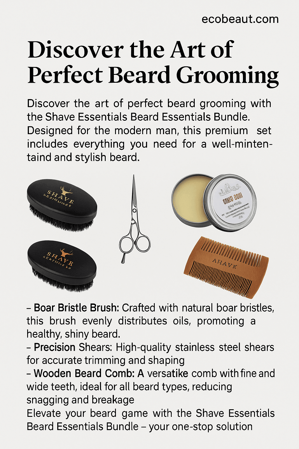 Promotional image of the Shave Essentials Beard Care Bundle with ecobeaut.com branding, showcasing a boar bristle brush, precision shears, wooden beard comb, and natural beard balm on a clean background with detailed product descriptions.