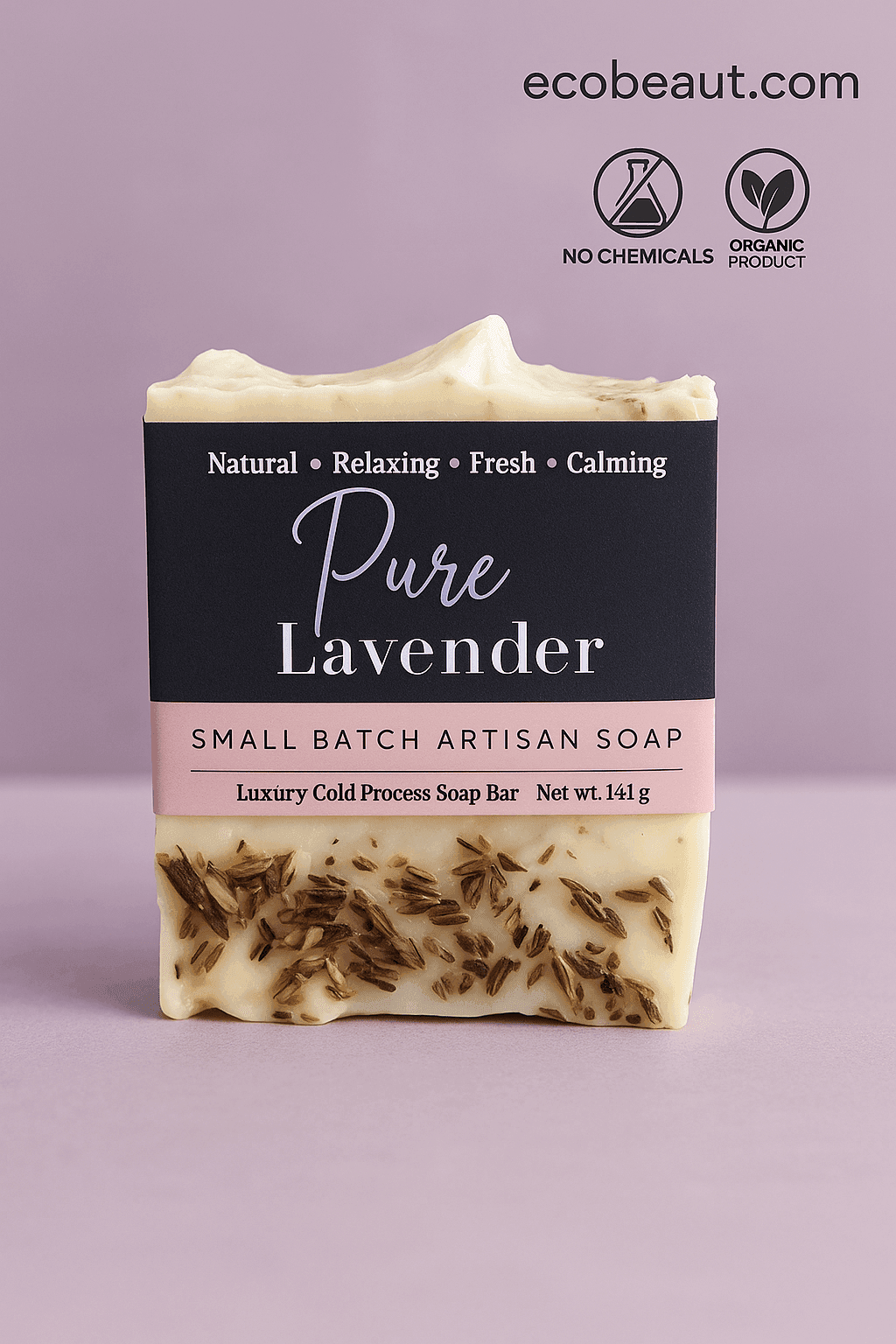 Pure Lavender artisan soap bar with lavender buds, shown on a soft purple background with ecobeaut.com and “NO CHEMICALS” / “ORGANIC PRODUCT” icons in the upper right corner.