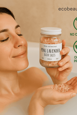 Relaxed woman using Wild Botanicals Pink Lavender Bath Salts in a bath, holding the jar with no chemicals and organic product icons – ecobeaut.com