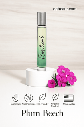 Resilient roll-on perfume by Plum Beech with vibrant flowers and eco-labels – Handmade, Organic, Eco-Friendly, No Chemicals, Made in USA – available at ecobeaut.com