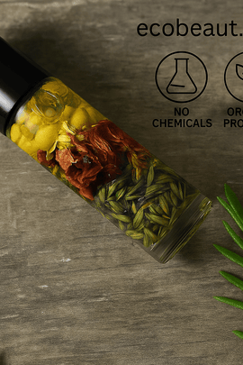 "Roll-on bottle filled with botanical oil and herbs on rustic wood, surrounded by rosemary sprigs, with eco labels and ecobeaut.com branding in the top right corner."