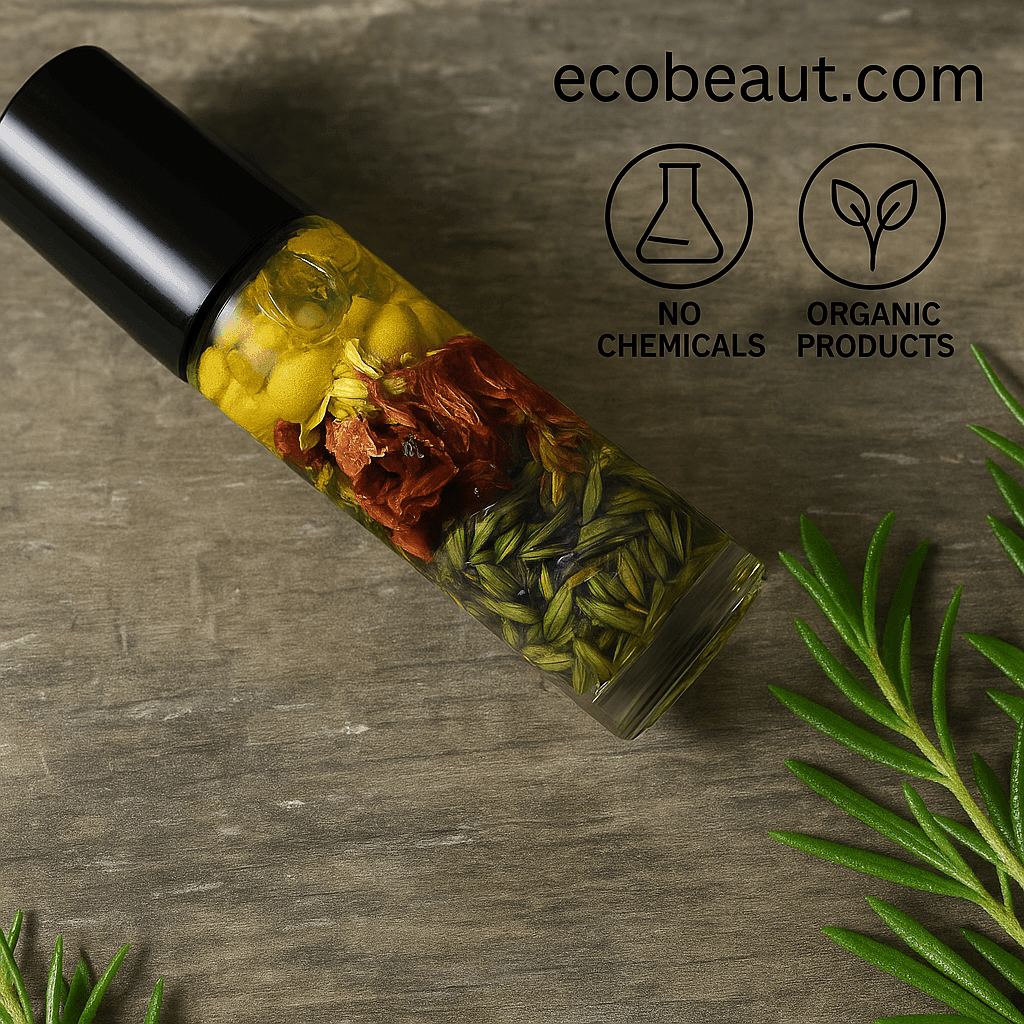 "Roll-on bottle filled with botanical oil and herbs on rustic wood, surrounded by rosemary sprigs, with eco labels and ecobeaut.com branding in the top right corner."