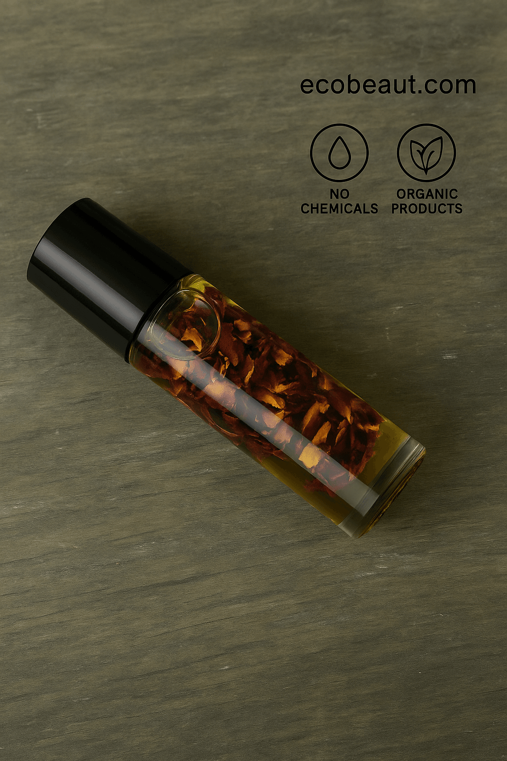 "Roll-on oil bottle with dried petals on rustic wood surface, black eco labels, and ecobeaut.com branding in the top right corner, without greenery."