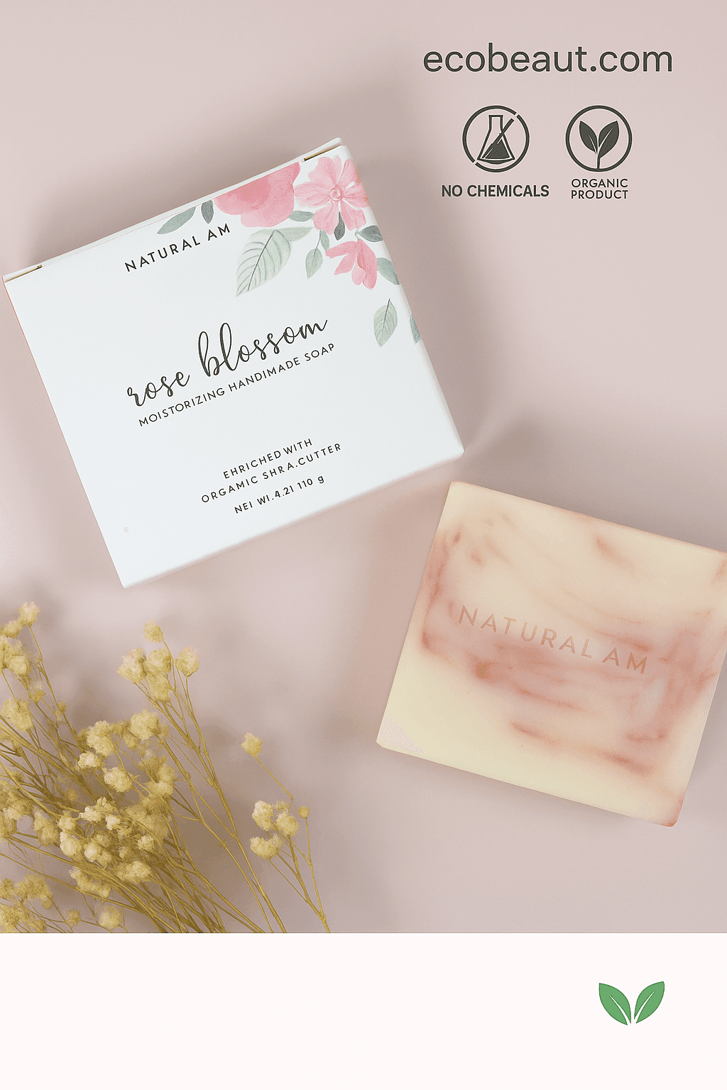 Rose Blossom moisturizing handmade soap with floral packaging, placed on a soft pink background with dried flowers, ecobeaut.com branding, and “NO CHEMICALS” / “ORGANIC PRODUCT” icons in the upper right corner.