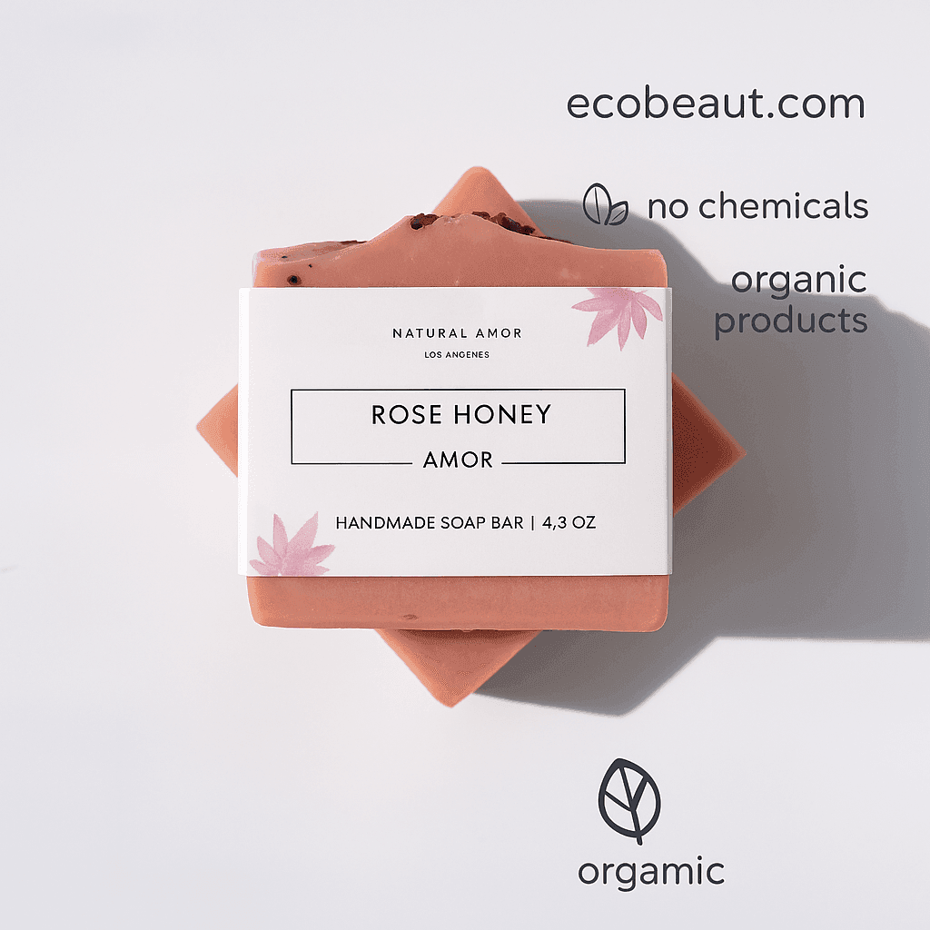 Rose Honey Amor handmade soap bar by Natural Amor, displayed on a clean white background with ecobeaut.com, “NO CHEMICALS” and “ORGANIC PRODUCTS” icons in the upper right corner.