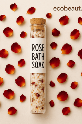 Rose bath soak in a glass tube with rose petals scattered around – handmade organic bath salt from ecobeaut.com