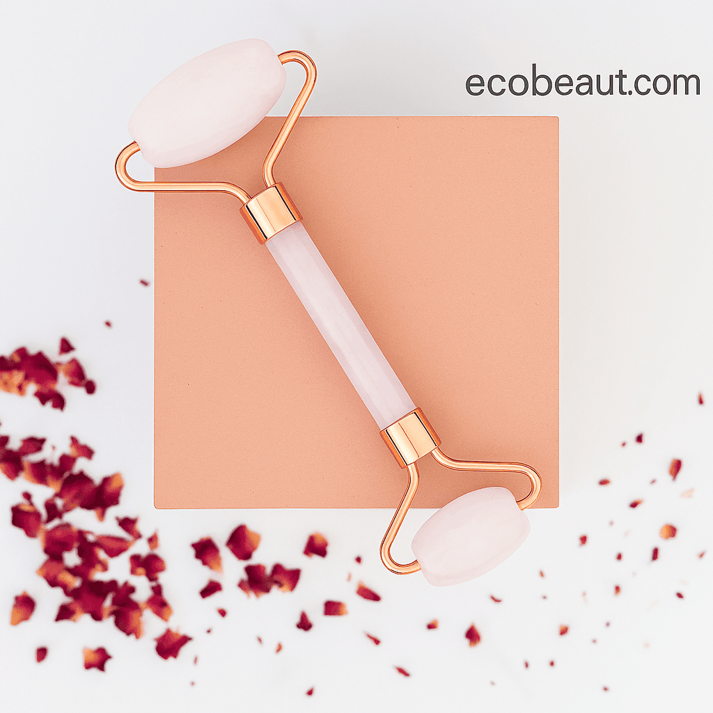 Rose quartz facial roller on terracotta block with scattered rose petals – ecobeaut.com