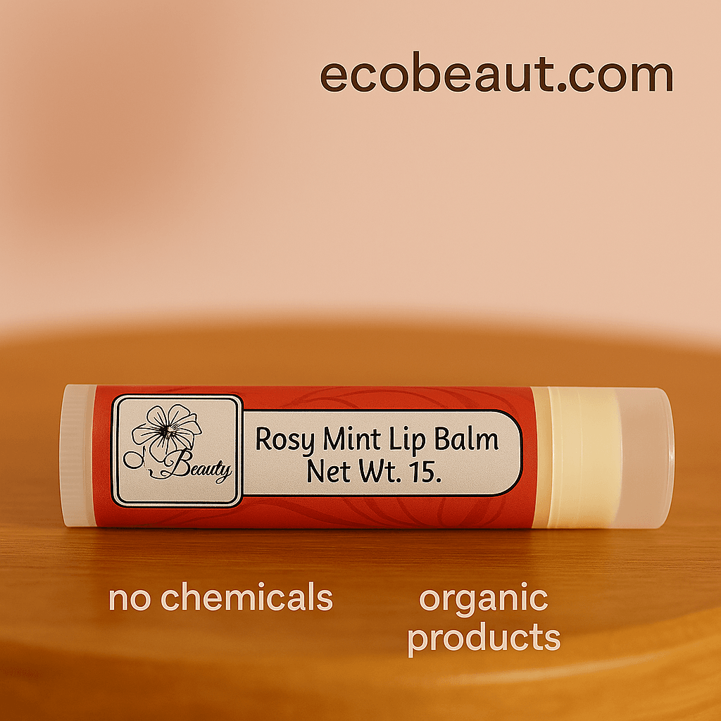 Rosy Mint Lip Balm in red eco-friendly packaging displayed on a warm wooden surface, with "no chemicals" and "organic products" labels, ecobeaut.com branding in the top right corner