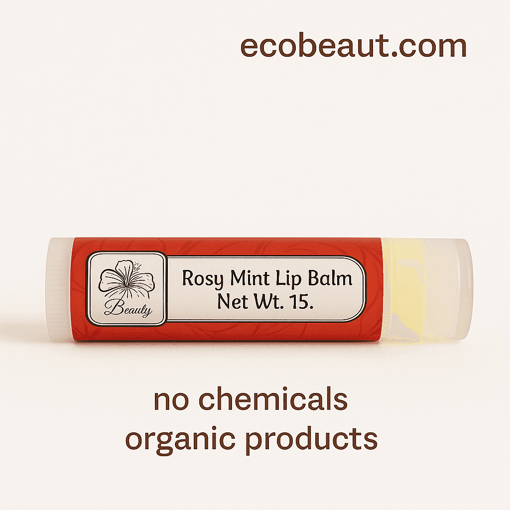 Rosy Mint Lip Balm tube with minimalist red label on white background, highlighting natural formula with "no chemicals" and "organic products" below, ecobeaut.com in the top right