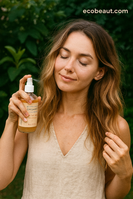 Woman holding a bottle of organic product with a green leafy background