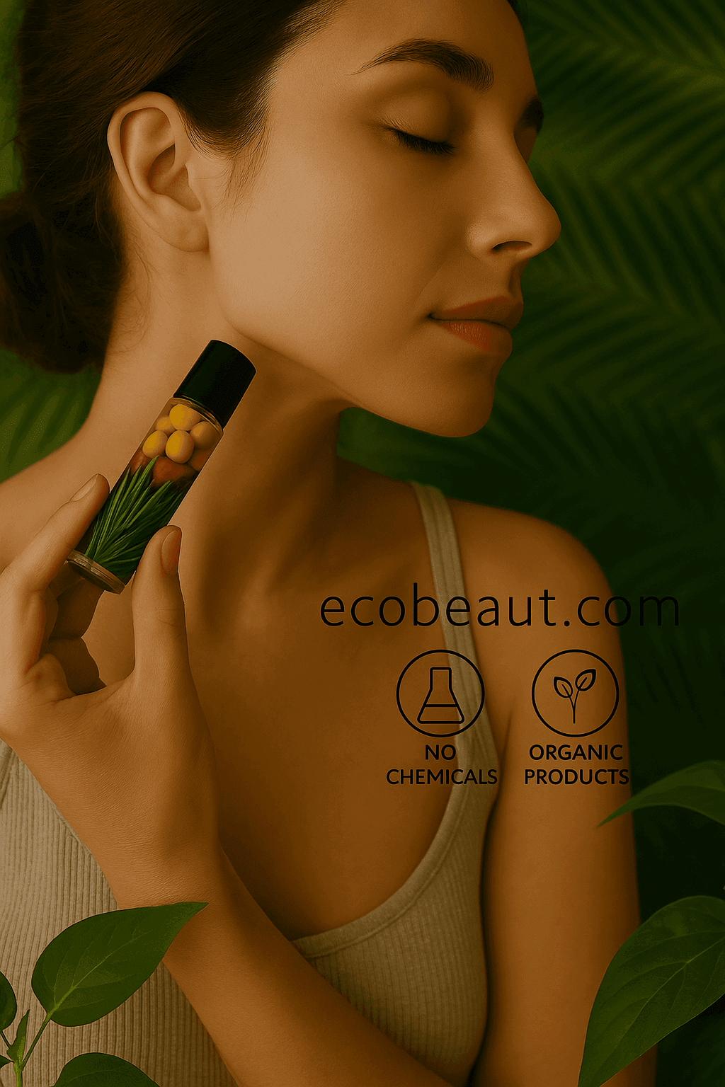 "Serene woman applying roll-on organic perfume oil to neck, surrounded by tropical leaves, with eco labels and ecobeaut.com branding in the lower right corner."